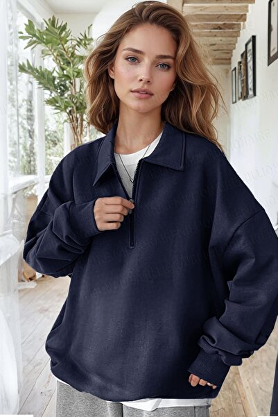 Millionaire Kadın Lacivert Yarım Fermuar Polo Yaka 3 Iplik Içi Polarlı Şardonlu Oversize Sweatshirt