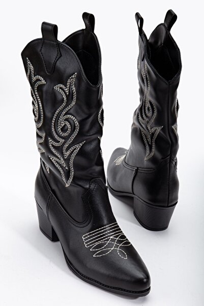 Tonny Black Dámské černé kožené zateplené kovbojské boty s vyšívanou špičatou špičkou