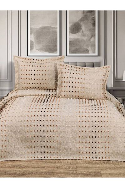 YGT Home Double Nope Jacquard Bedspread Set - 3 Pieces Cream-Brown |   Bohemian Pique Set