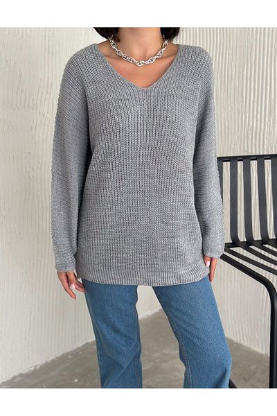 fiolin Thessaloniki Knitted V-Neck Oversize Knitwear Women's Sweater