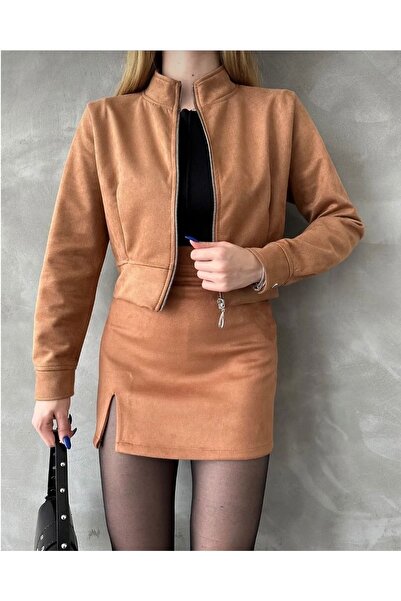 Genel Markalar Nubuk Süet Crop Ceket ve Mini Süet Yırtmaçlı Etek Alt Üst Takım