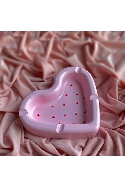Handmade Kırmızı Kalp Detaylı Pembe Küllük