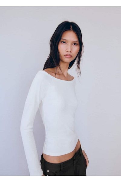MANGO Woman Tricou din bumbac cu gât barcă