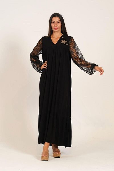Markano Black V Neck Sleeves Lace Neckline Applique Embroidery Long Dress