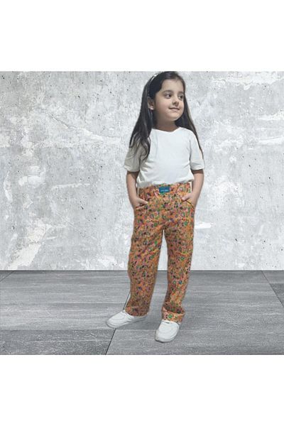 Butik Girl's Orange Background Floral Print Side Pocket Pajamas