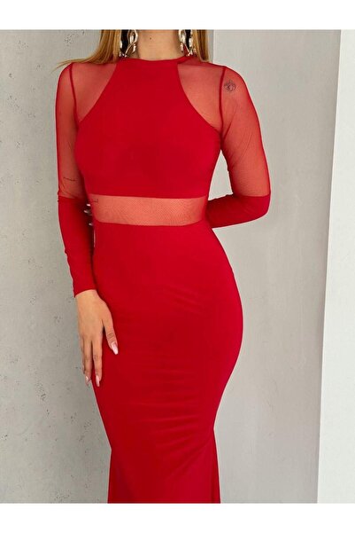 SUSEEMODA Tül Detay Kalem Elbise Kırmızı