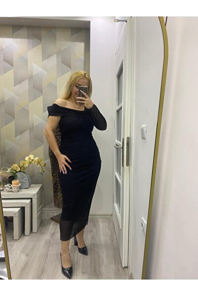 SUSEEMODA Yaka Detaylı Tek Kol Tül Elbise Siyah