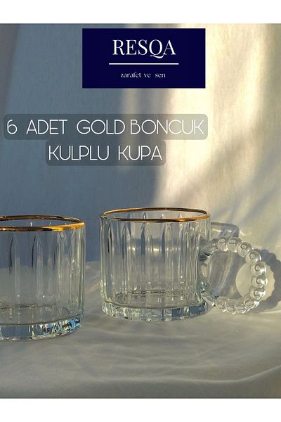 Resqa 6 Pieces Glass Beads with Handle Real Gold Gilded Tumbler Tea Coffee Soft Drink Cup 250 ml