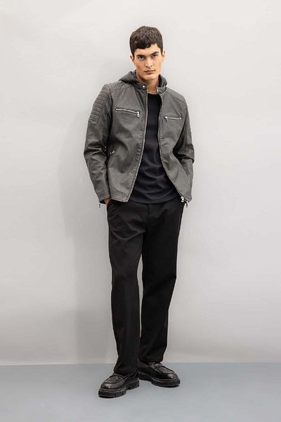DeFacto Anthracite Water Repellent Slim Fit Slim Fit Detachable Hooded Zipper Pocket Faux Leather Coat