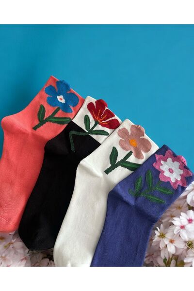 Çorabistaan 4 Çift 3 Boyutlu Sevimli Çiçek Desenli Çok Renkli Kadın Soket Çor...