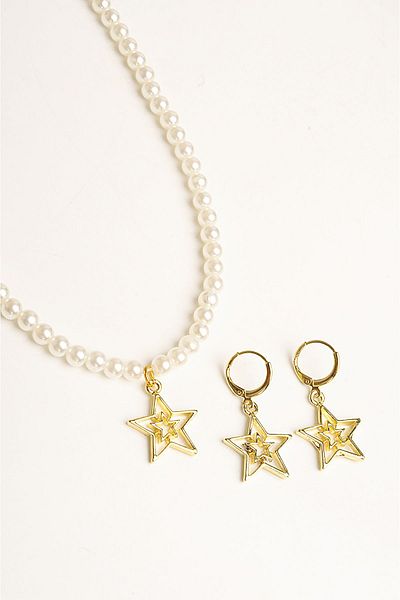 EUROMODA Intertwined Star Design Pearl Beaded Necklace Earrings Set