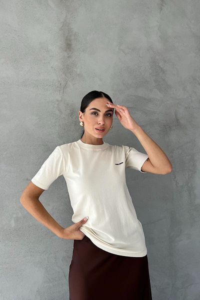 Seda Yalçın Atelier Crew Neck Ecru Knitwear T-shirt - Κείμενο τυπωμένο