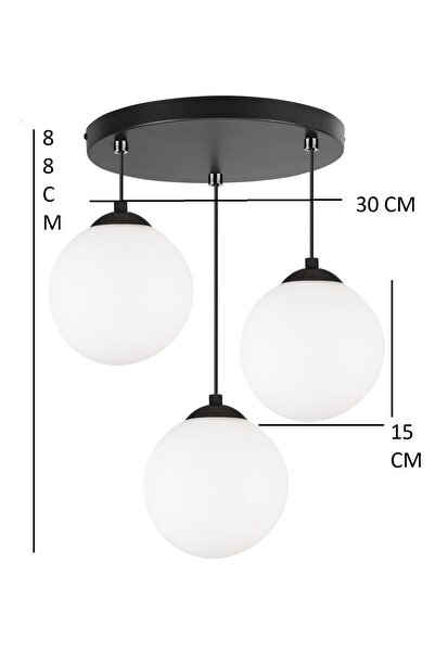 Genel Markalar Modern 3 Başlı Kartopu Avize, Gerçek Cam ve Metal Gövde, Siyah...