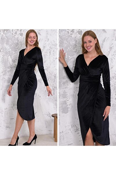 Viyamo Γυναικείο βελούδινο φόρεμα με διπλό στήθος στη μέση New Season