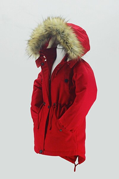 Nacar Unisex Çocuk Kışlık Kanvas Kumaş Büzmeli Diz Üstü Içi Kürk Kapüşonlu Kaban Mont