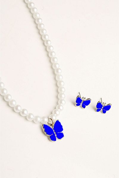 EUROMODA Red White Yellow Turquoise Black Navy Colorful Butterfly Design Necklace and Earring Set