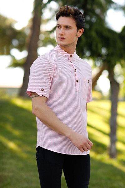 Modamihram Men's Striped Shirt - Pocket Detail, Pink 10793