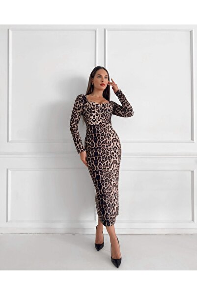 ESRAHELVACI Heart Collar Leo Pattern Midi Dress