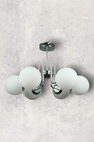 Fer Avize Tanya Modern Design Kitchen - Living Room - Bedroom - Ceiling Chrome Color White Glass 6-Piece Chandelier