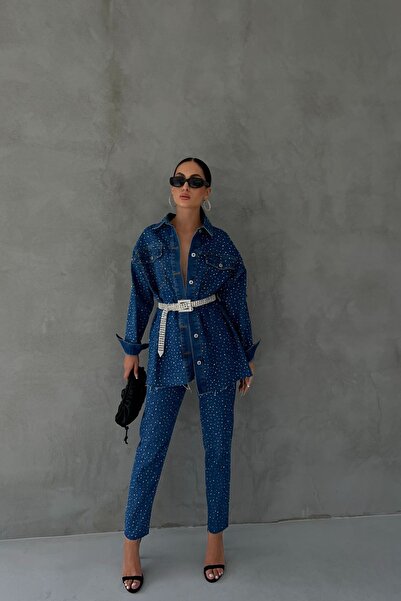 Seda Yalçın Atelier Premium Dark Blue Jewelled Belted Shirt and Pants Set