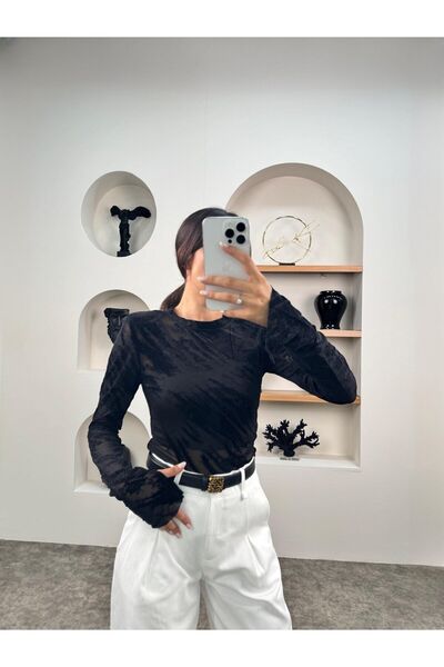 Le Savu SHILSEE Γυναικεία Μαύρη Ζαρτιέρα Βελούδινη Λεπτομερής Μπλούζα από Τούλι