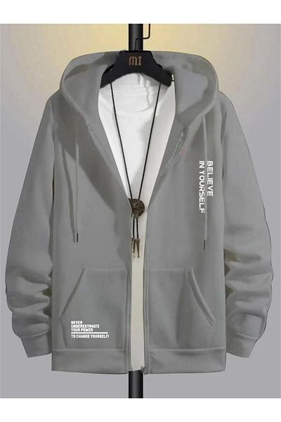 Altamira Men's Gray Oversize Hooded Cardigan - Believe Print
