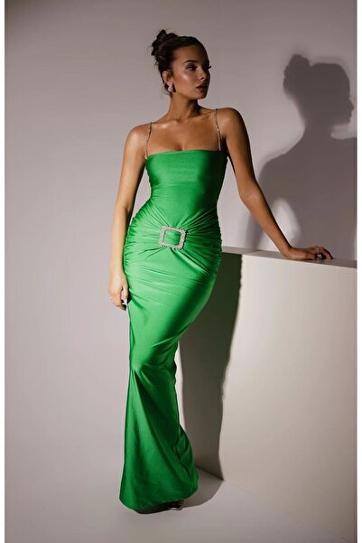 MAYHOŞ BUTİK Kadın taş toka taş askılı uzun elbise