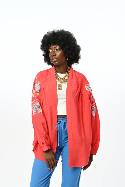 Orfeo Negro Γυναικείο κιμονό με πολύχρωμο φλοράλ κέντημα στην πλάτη και στα μανίκια