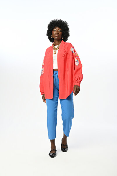 Orfeo Negro Γυναικείο κιμονό με πολύχρωμο φλοράλ κέντημα στην πλάτη και στα μανίκια