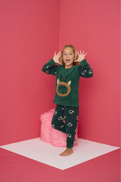 PİJAMOOD Pijamood 4163 Khaki Fleece Long Sleeve Girl's Pajama Set
