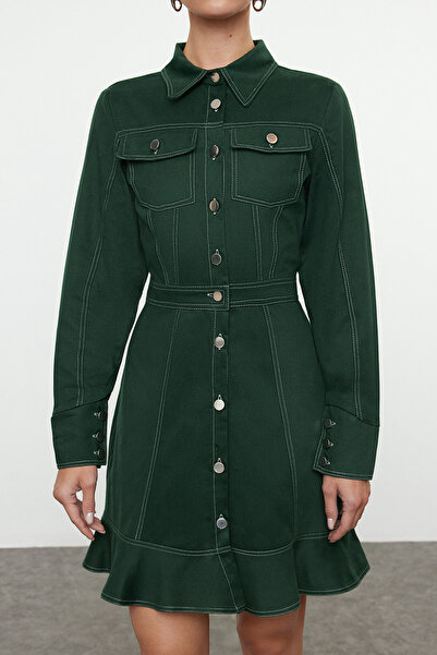 Trendyol Collection Khaki Mini Shirt Dress - Button and Sewing Detail, Woven, Twoaw23El01424