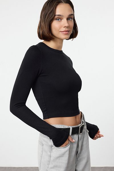 Trendyol Collection Flexible Soft Viskose - taillierte Crop-Bluse, Schwarz Premium Twoaw24bz00048