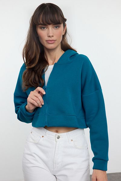 Trendyol Collection Pletená mikina Relaxed Cut Crop – benzínový zip, kapuce, uvnitř silný fleece Twoaw20Sw0660