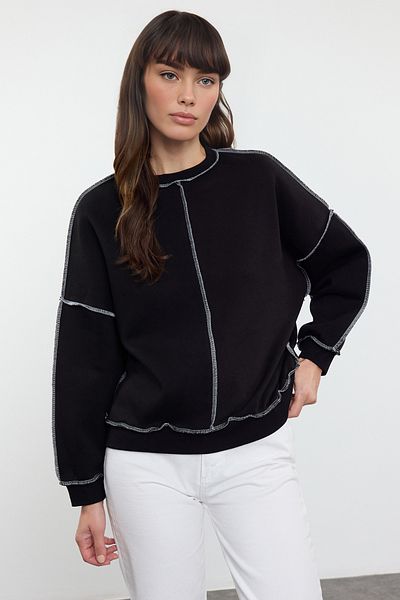 Trendyol Collection Черен плетен суитшърт с дебел полар отвътре - Oversize Karyoka Stitched Twoaw25sw00272
