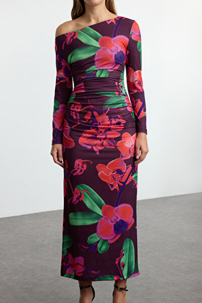 Trendyol Collection Colorful Floral Pattern - Drape Detailed Maxi Knitted Dress Twoaw25El00528