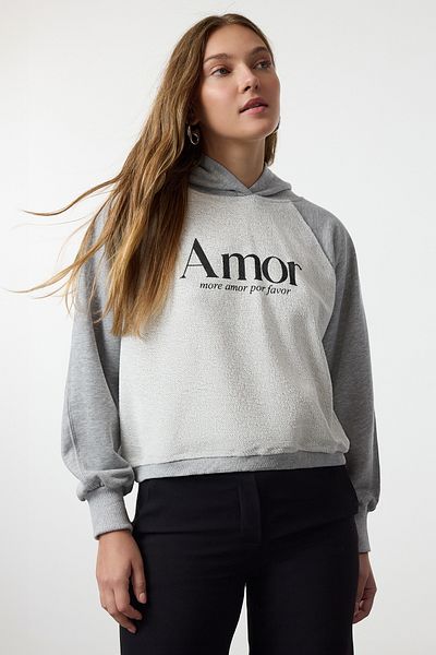 Trendyol Collection Gray Melange Couple Printed Relaxed/Comfortable Fit Thick Knitted Sweatshirt Twoaw25Sw00088