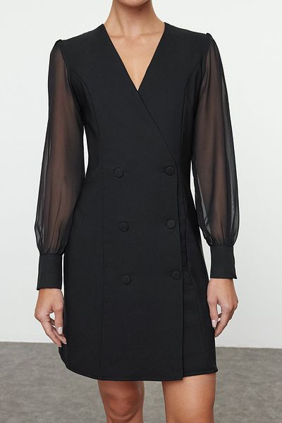 Trendyol Collection Gewebtes Mini-Jackenkleid – schwarzes Chiffon-Ärmel-Detail TWOAW25EL00138