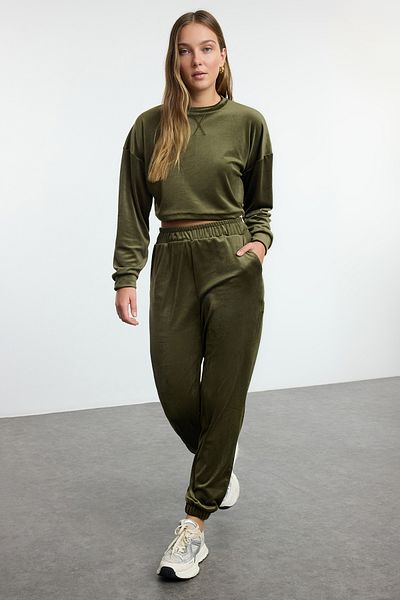 Trendyol Collection Khaki Velvet Crop Top and Stretchy Knitted Trousers Set - Twoaw25au00134