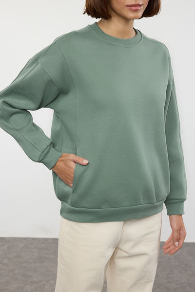 Trendyol Collection Mint Color - Pocketed, Thick Crew Neck, Wide Fit Sweatshirt Twoaw25sw00041