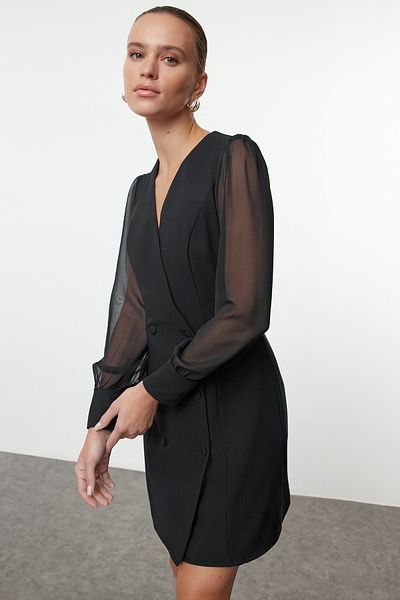 Trendyol Collection Gewebtes Mini-Jackenkleid – schwarzes Chiffon-Ärmel-Detail TWOAW25EL00138