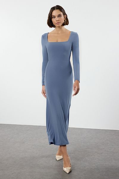 Trendyol Collection Flexible Fabric - Square Collar Blue Maxi Dress with Flywheel Detail Twoaw24El00613