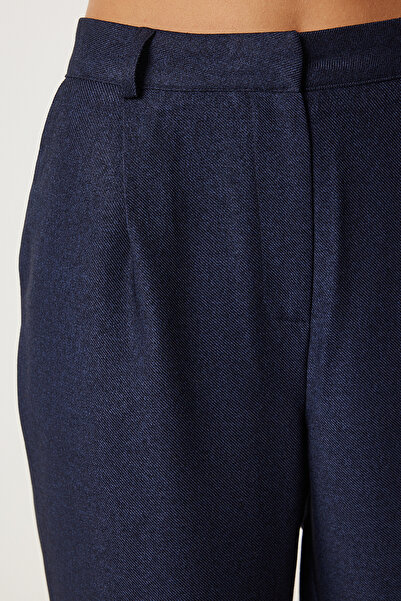 Happiness İstanbul Navy Blue High Waist Pleated Women's Woven Trousers - Fn03376