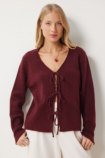 Happiness İstanbul Claret Red V-Neck Bow Knitwear Women's Cardigan - Pf00091