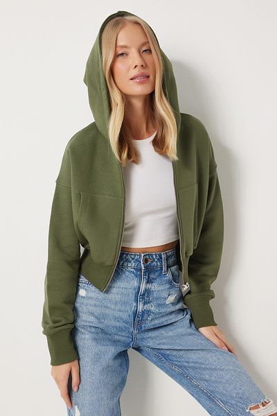 Happiness İstanbul Khakifarbenes Damen-Sweatshirt – Kapuzenpullover, Reißverschluss, Raster OW00051