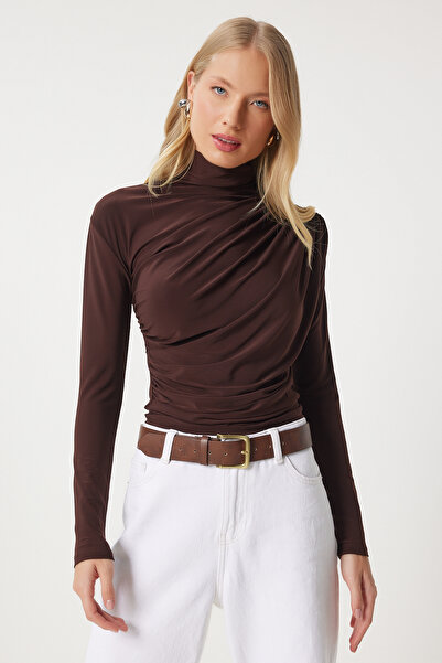 Happiness İstanbul Dámská hnědá halenka s vysokým límcem Sandy FF00135