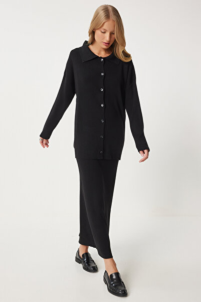 Happiness İstanbul Σετ γυναικεία πλεκτά ζακέτα και φούστα Polo Neck - Μαύρο PF00090