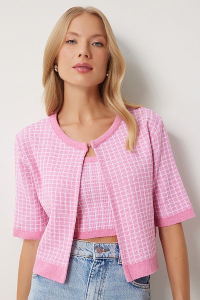 Happiness İstanbul Rosa Strick-Crop-Cardigan- und Top-Set – PF00093