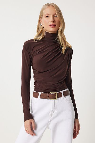Happiness İstanbul Braune, geraffte, detaillierte Sandy-Bluse mit hohem Kragen für Damen FF00135