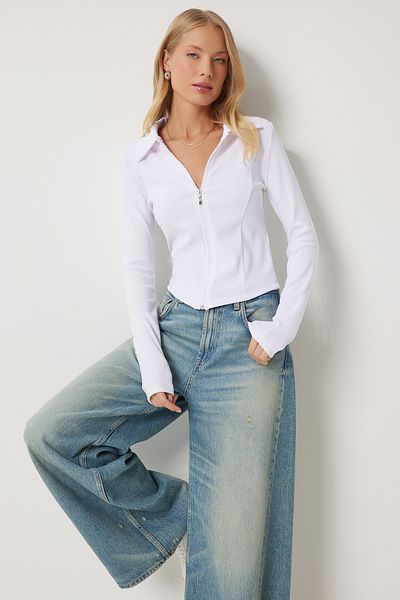 Happiness İstanbul Weiße Damen-Strickbluse mit Polokragen und Reißverschluss – AN00213