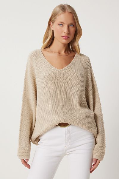 Happiness İstanbul Pulover de damă crem cu decolteu în V Thessaloniki tricot supradimensionat ZA00059